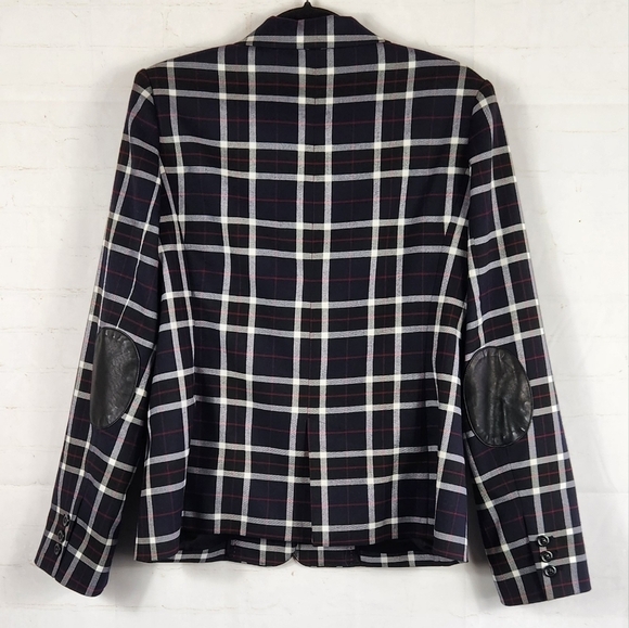 Alice + Olivia Savetta Plaid Windowpane Lamb Leather Elbows Blazer Navy Large - Picture 4 of 16